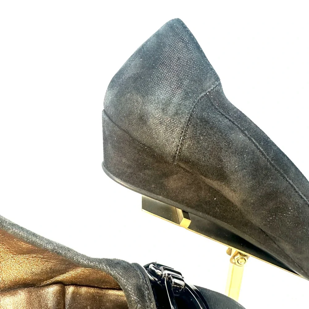 AGL Attilio Giusti Leombruni Black Suede Fabric Wedge Pumps Buckle‎ Italy 40.5